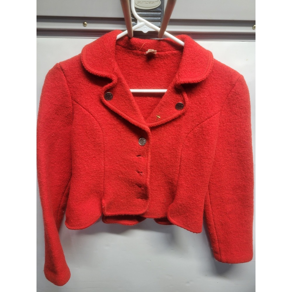Vintage Red Boiled Wool Cropped Jacket Silver Crest Buttons Peter Pan Collar 38